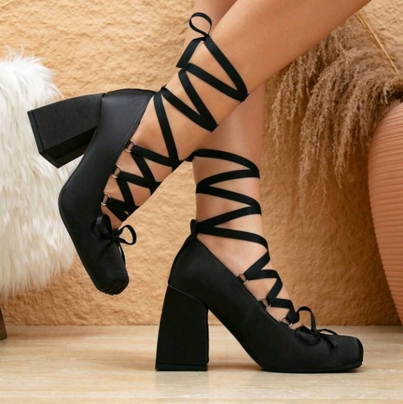 Cross-Tied Square Toe High Heel Pumps,Ribbon Bow Ballet Style For French Girly - Picture 2 of 4